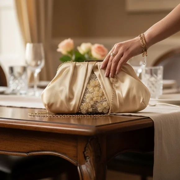 New Badgley Mischka Gold Satin Clutch w/ Pearl Flowers NWT Retail $179 - Picture 4 of 12